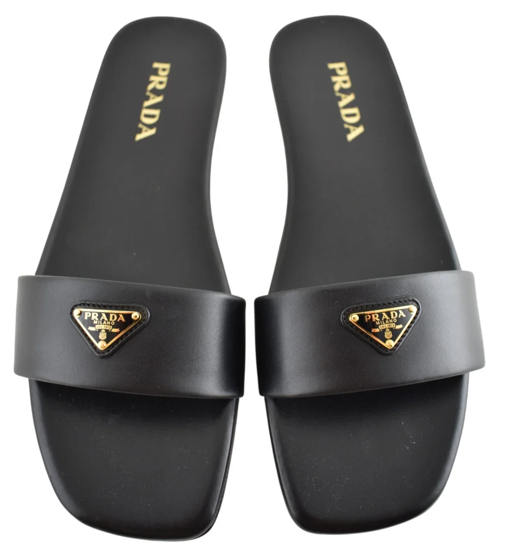 Prada Ciabatte Black Leather Gold Triangle Logo Slide Mule Flat Sandal 36